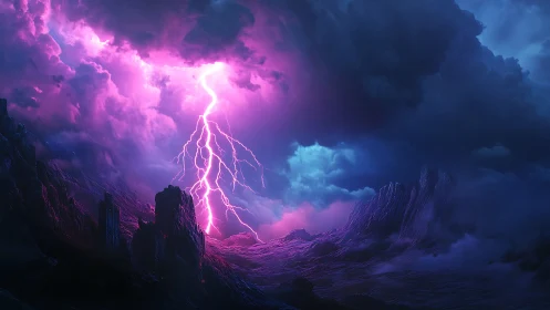 Purple lightning over dark mountainous alien terrain.