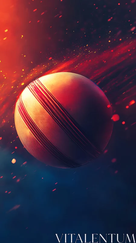 Cricket ball in motion against dark blue fiery background.
