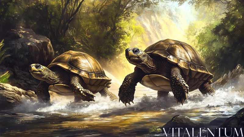 Two turtles move through shallow forest river in sunlight