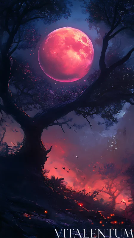Luminous crimson moon over enchanted nocturnal forestscape.