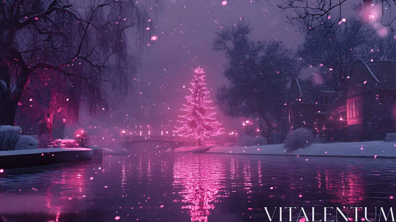 Soft pink winter tree glows gently beside a quiet river