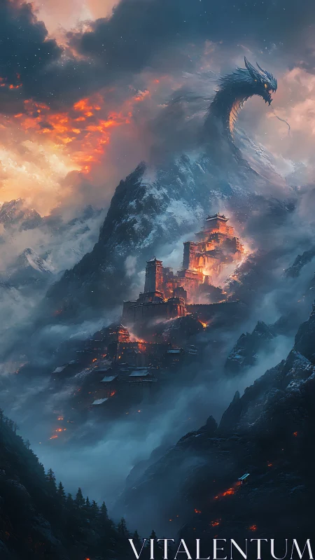 Stormlit dragon coils above a burning mountain citadel