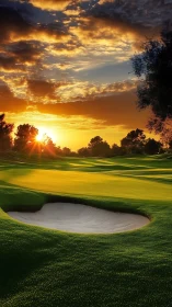 Sunset stitches molten light across a hushed golf green