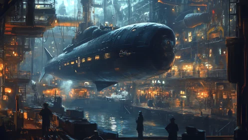 Massive cyber-industrial submarine suspended in luminous dockyard