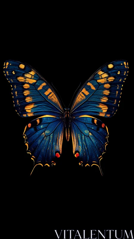 Macro dorsal study of blue swallowtail butterfly on black