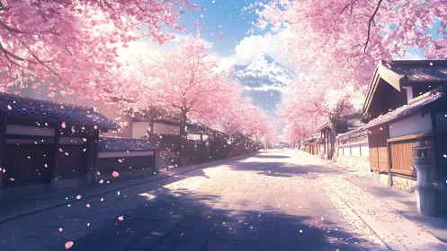 Sakura-lined traditional street under distant snowcapped peak.