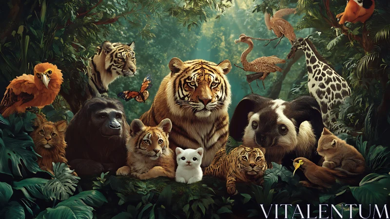 Diverse Animals Gather in Lush Forest Setting