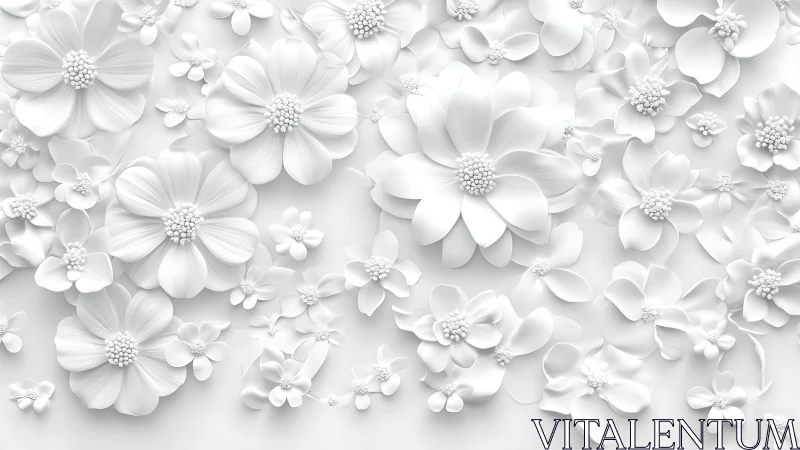 Three-dimensional white floral arrangement with spherical botanical centers.