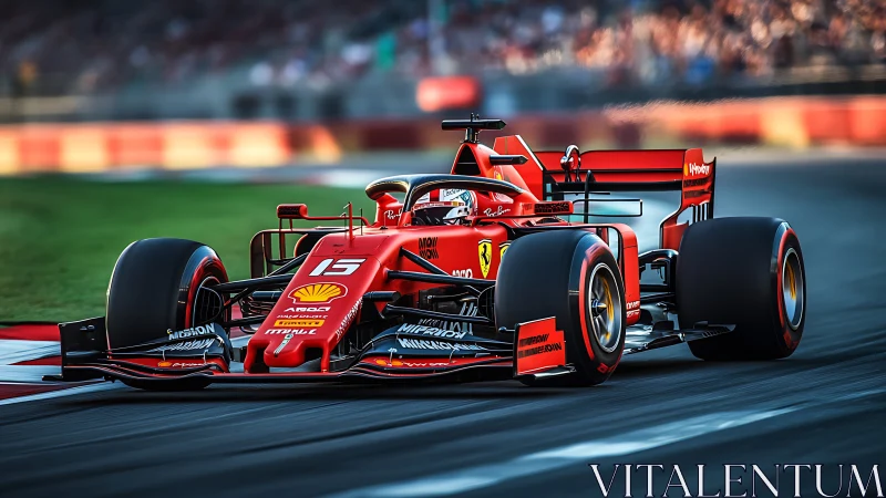 Red Formula 1 car powers through sunlit circuit corner