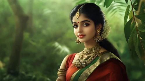 Traditional Indian woman in saree with gold jewelry outdoors.