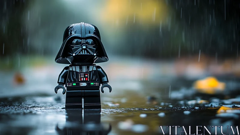 Lego figure stands on wet reflective ground during rainfall