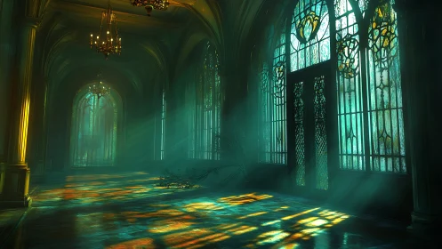Sunlit abandoned hall with teal stained glass windows.