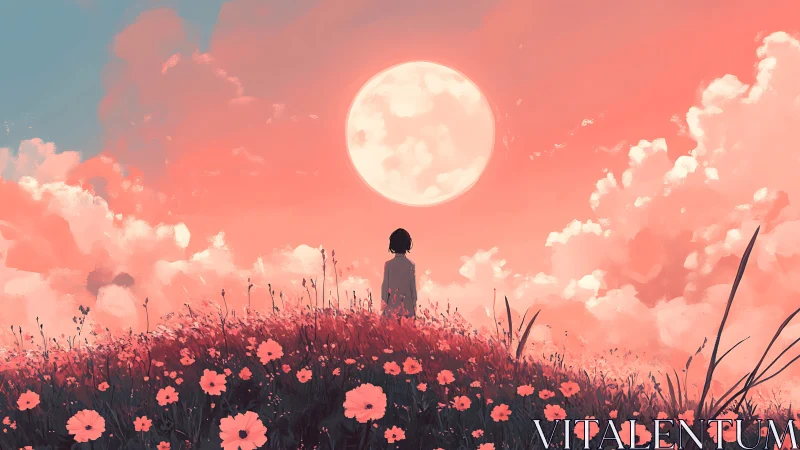 Moonlit daydream crowns a lone wanderer in coral skies