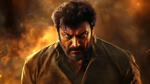 Storm-eyed hero framed by firelit, simmering shadows.