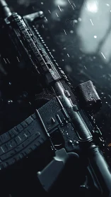 Tactical rifle in cinematic rain, macro low light close up study