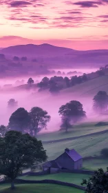 Misty violet sunrise over rolling hills and stone cottage.