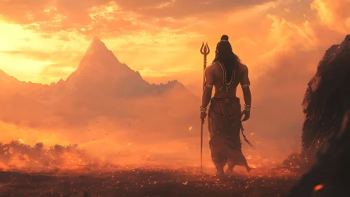 Solitary ascetic surveys incandescent mountain under molten sky