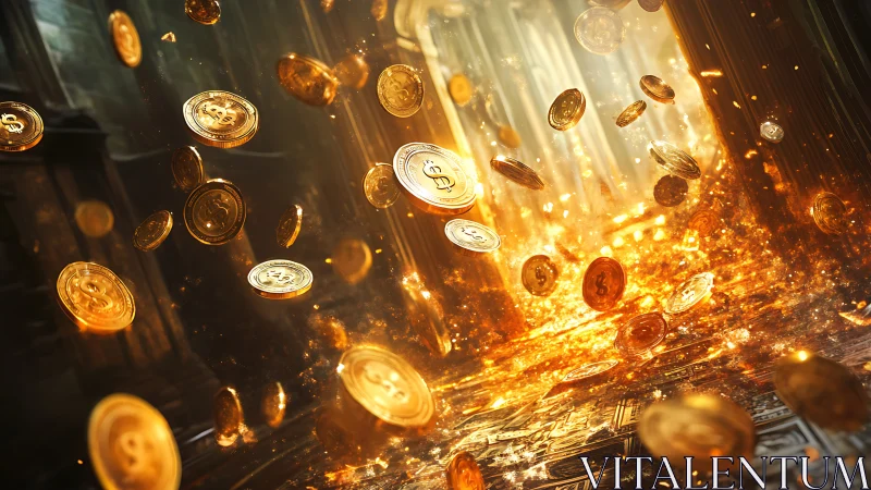 Golden coin storm swirling through a molten treasure gate.