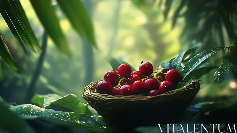 Rain-kissed jungle cherries resting in a woven forest cradle.