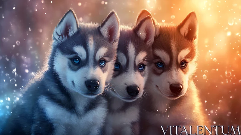Tri-color husky puppies in shallow depth bokeh light field