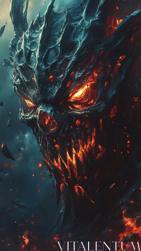 Volcanic demon colossus with molten exoskeletal crest erupting.