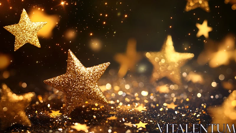 Glittering golden stars floating in warm festive bokeh.