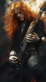 Long-haired guitarist plays angular electric guitar onstage