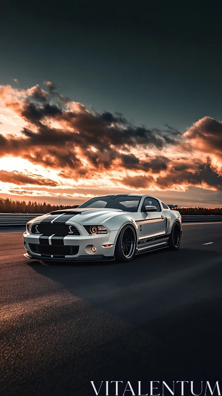 White muscle car on open highway under dramatic sunset sky.