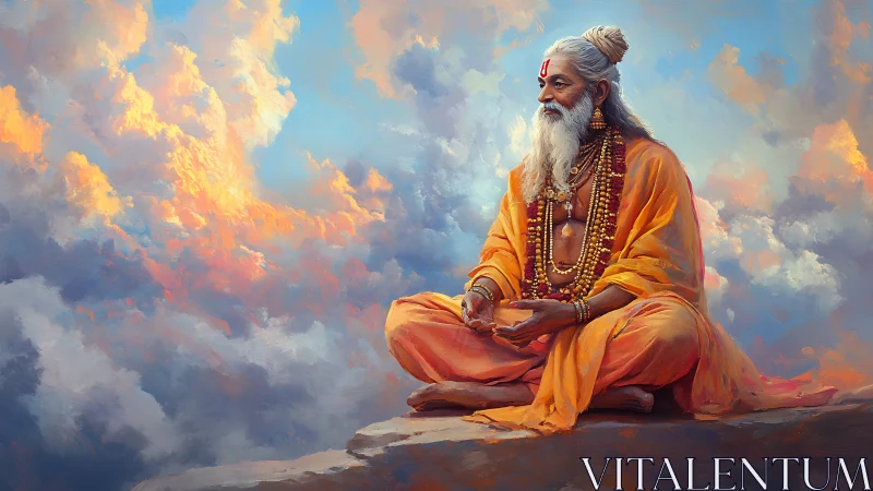 Hermit yogi in saturated cloudscape meditation study.