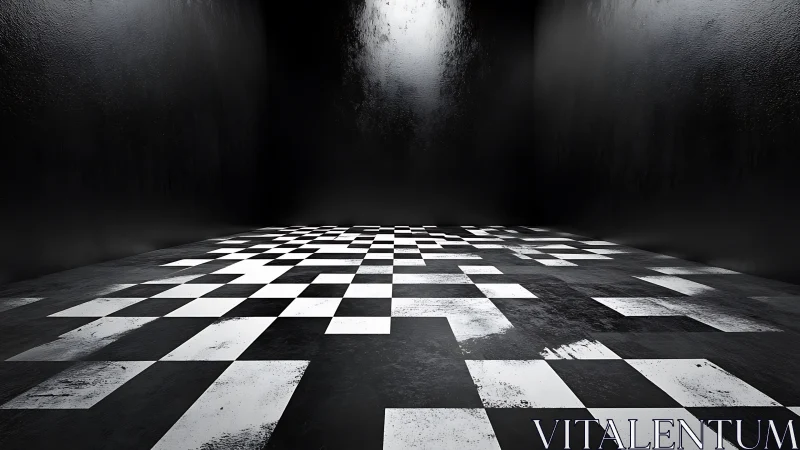 Dark room interior with worn black and white checkered floor.