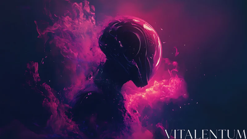 Neon sci fi helmeted figure in swirling pink smoke.