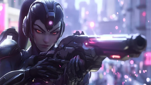 Cybernetic sniper operative aiming rifle in neon city haze