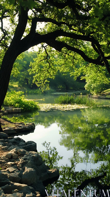 Shaded lakeside tree reflects over calm green water surface