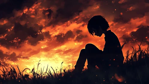 Silhouetted youth at dusk against blazing anime sky.