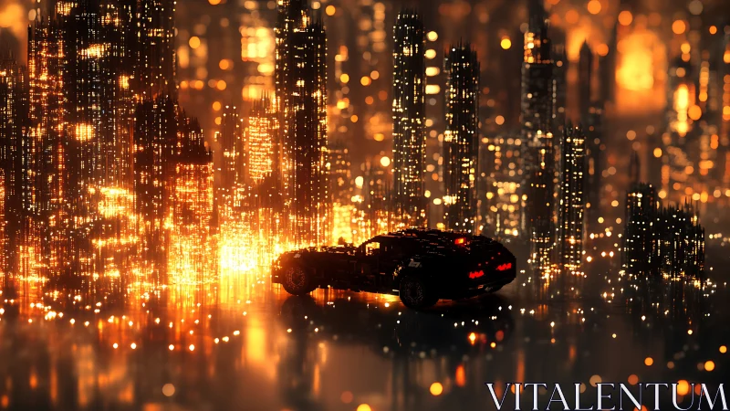 Futuristic sports car cuts through molten neon cityscape glow.