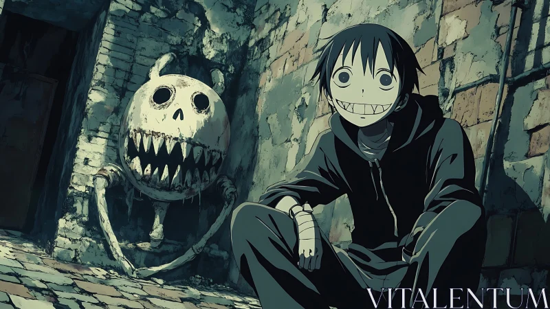 Anime horror street scene with grinning figures in decay.