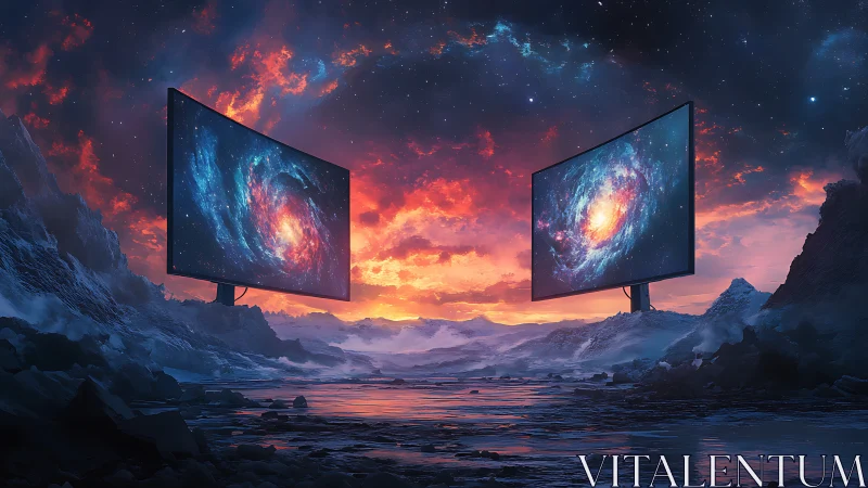 Twin cosmic screens glow above a dreamlike alien shoreline