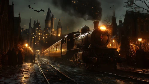 Nightbound steam engine hums toward a spell-lit castle
