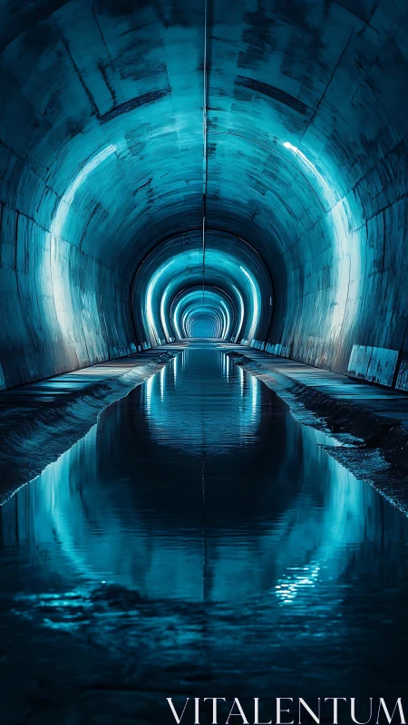 Futuristic blue tunnel reflects neon rings in still water