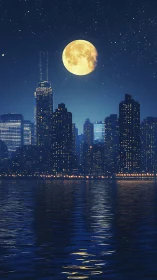 Moonlit skyline over reflective harbor in deep blue night