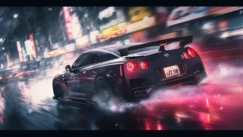Midnight street racer carves neon rivers through stormy Tokyo