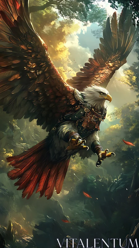 Armored raptor eagle descending through sunlit forest canopy