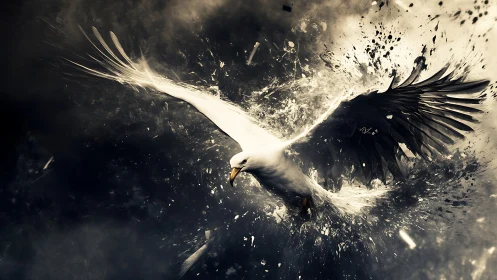 White seabird bursting through dark abstract explosion.