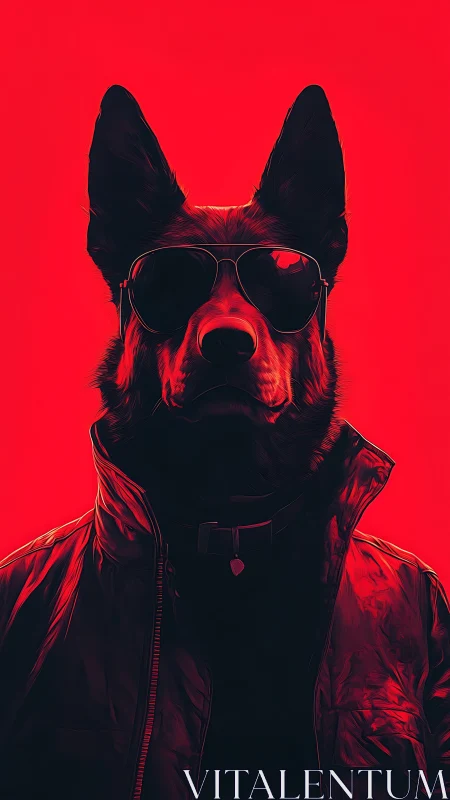 Digital painting of cool canine portrait in red minimalism.