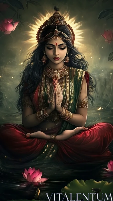 Divine goddess meditates above lotus pond in golden aura.