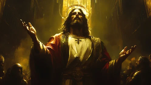 Digital painting of radiant robed figure in cathedral light.