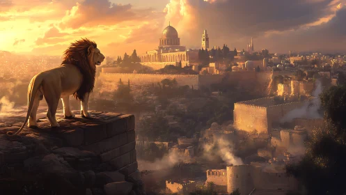 Digital painting of a lion overlooking sunlit fortified cityscape.