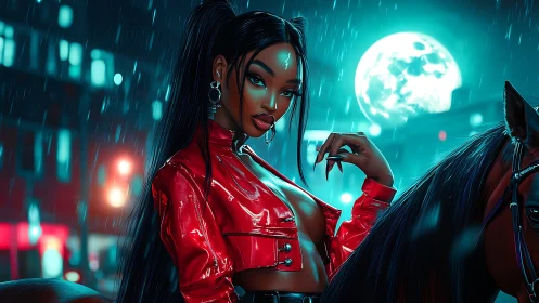 Midnight rider glows in red under a neon city moon