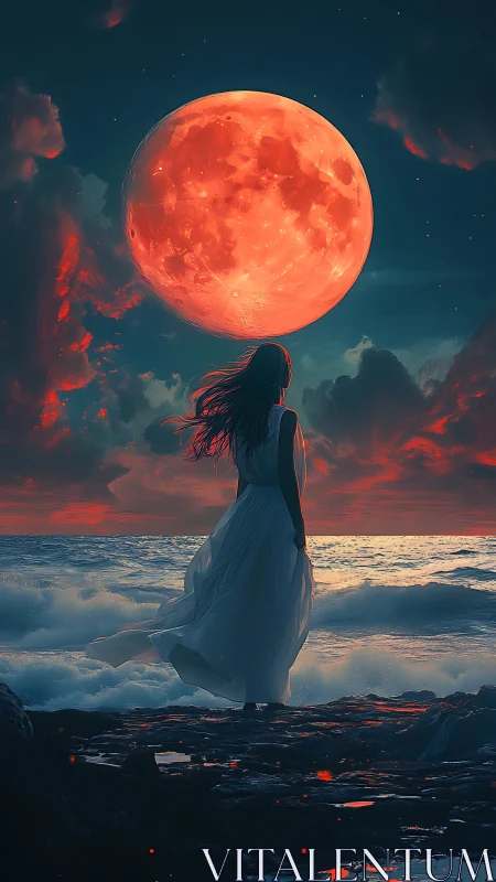 Solitary figure on shore beneath large red moon at dusk.