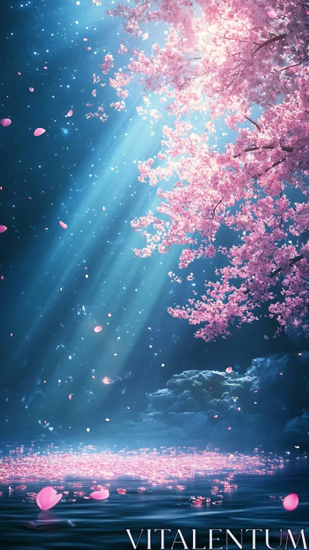 Cherry blossoms drift through moonlit beams over still water